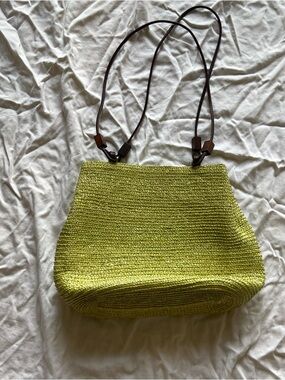 Woven Straw Shoulder Bag in Lime Green